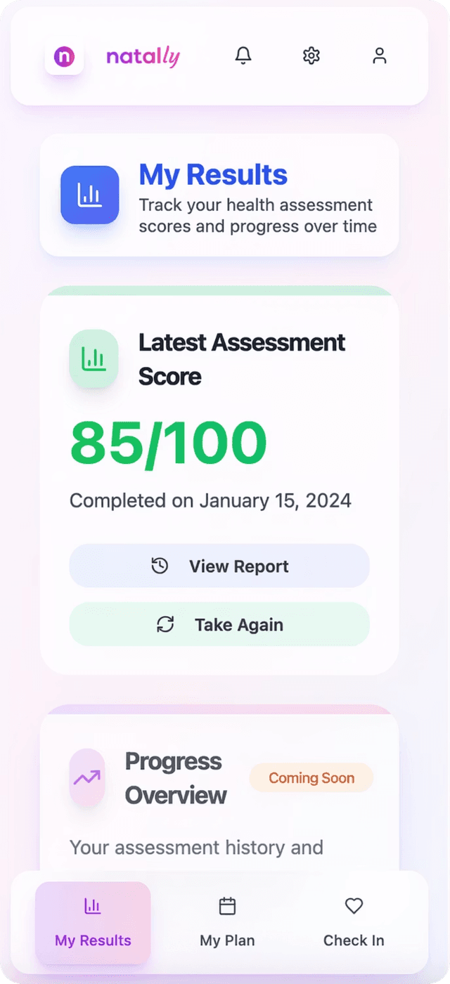 Natally app displaying personalized pregnancy health insights and action plans